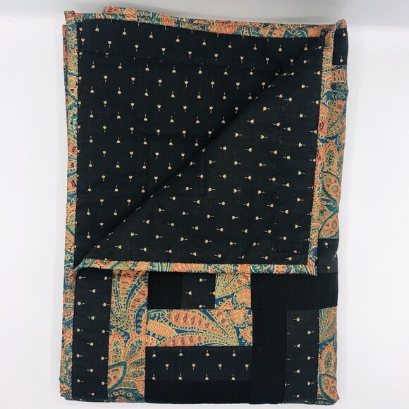 Vintage Handmade And Machine Sewn Wall Hanging Quilt Black Teal Orange 44 X 32 - Picture 4 of 12
